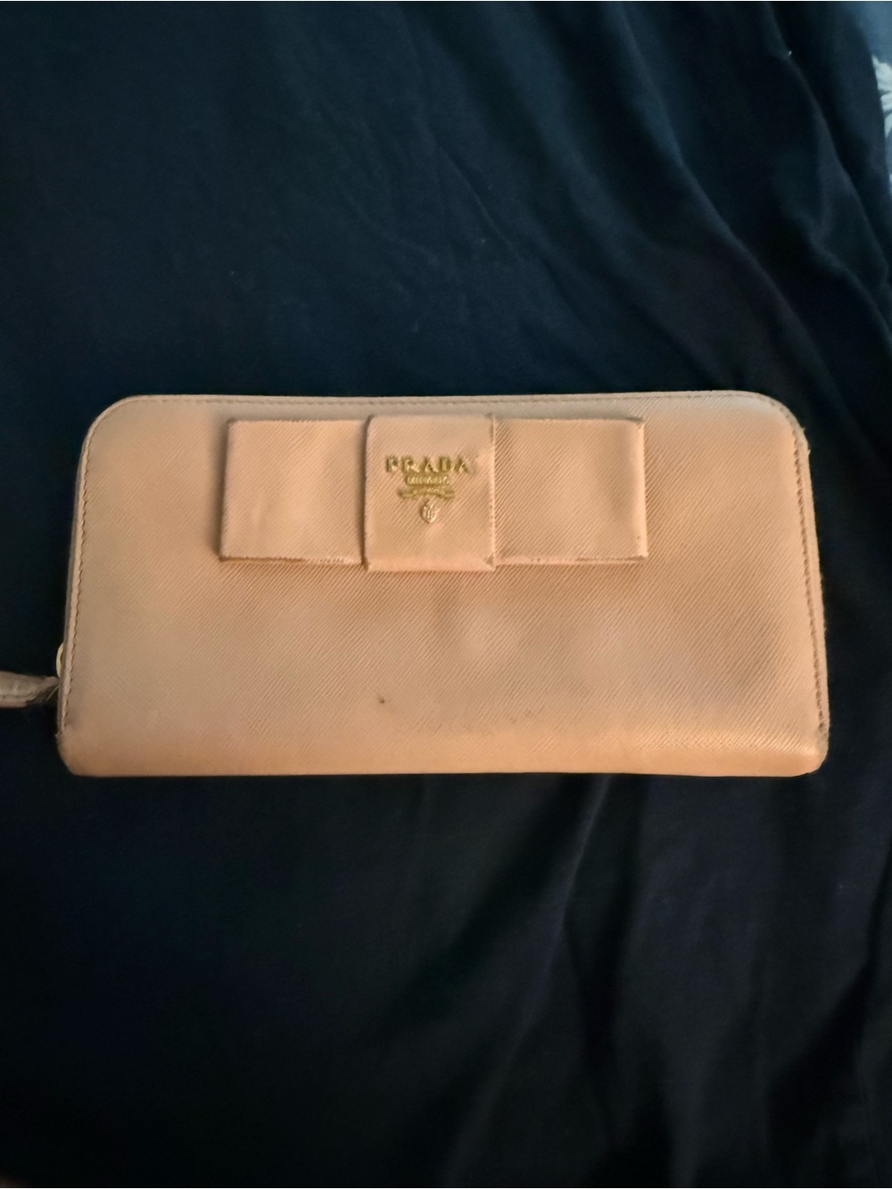 Prada Bow Zip-Around Wallet in Pale Peach with Gold Logo